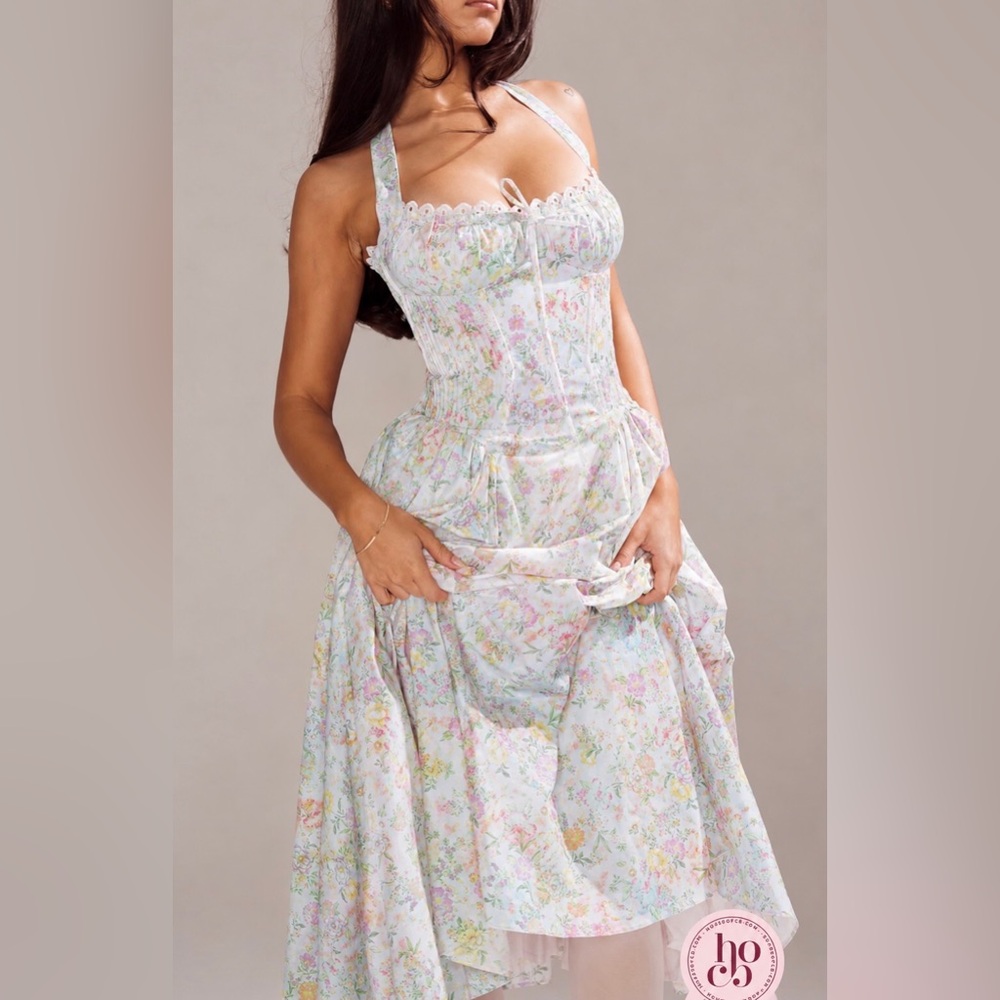 House of CB ADABELLA Pale Blue Meadow Print Cotton Halter Sundress